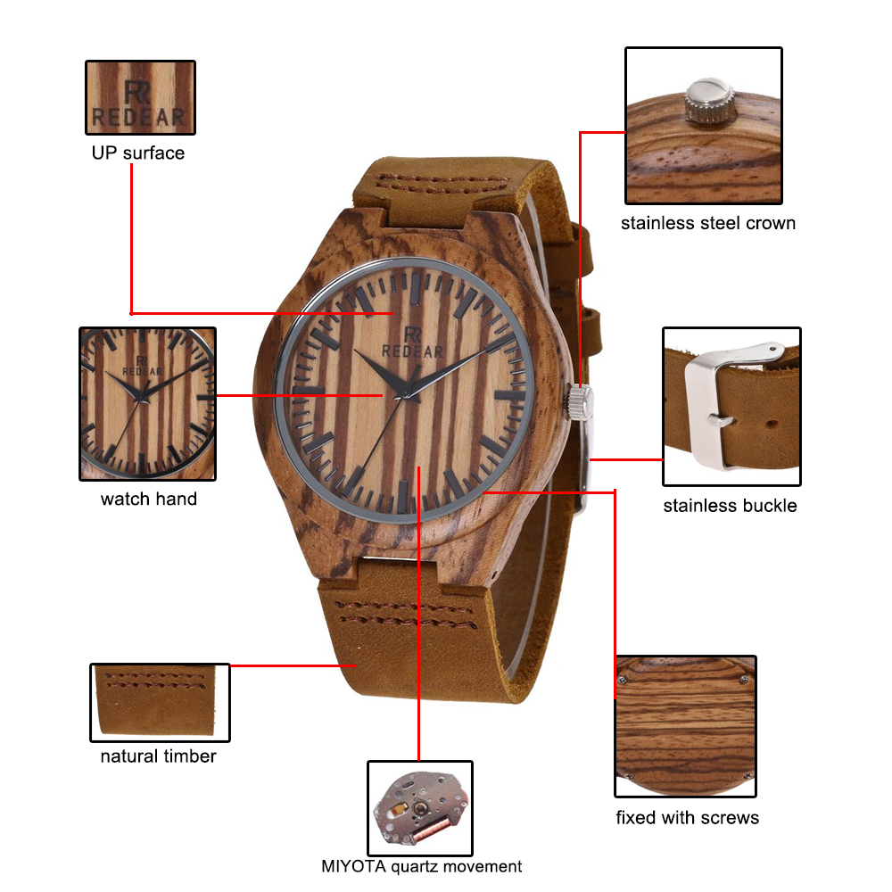 Redear SJ1448-4 Wooden Quartz Watch-Men Zebrawood