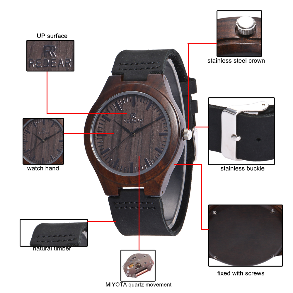 Redear SJ1448-4 Wooden Quartz Watch-Men Ebony