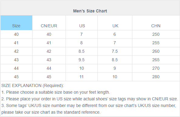 Sport Shoes Size Chart