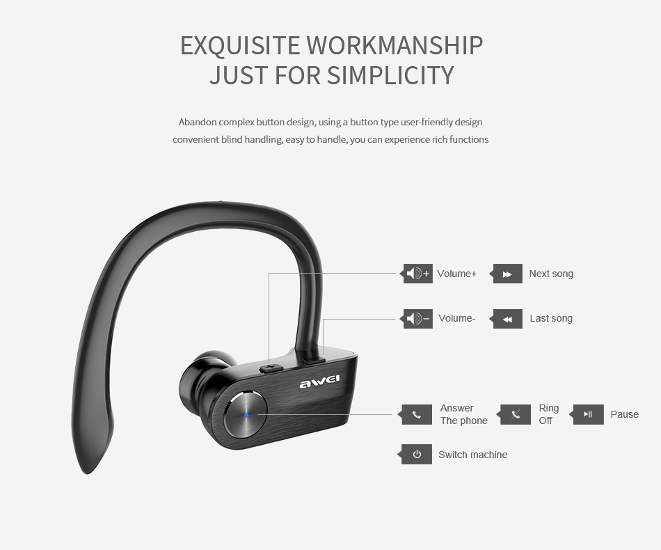 AWEI T2 Wireless Bluetooth V4.2 Headset Sweat-proof TWS True with Microphone