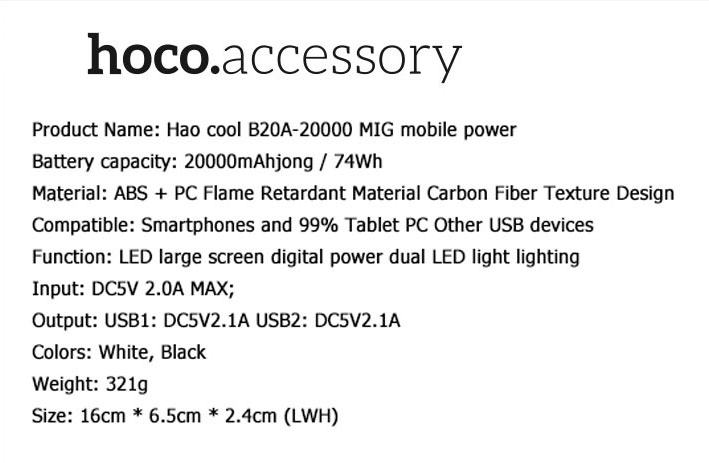 HOCO B20A 20000mAh Portable Dual USB Power Bank with LCD Digital Display and LED Light