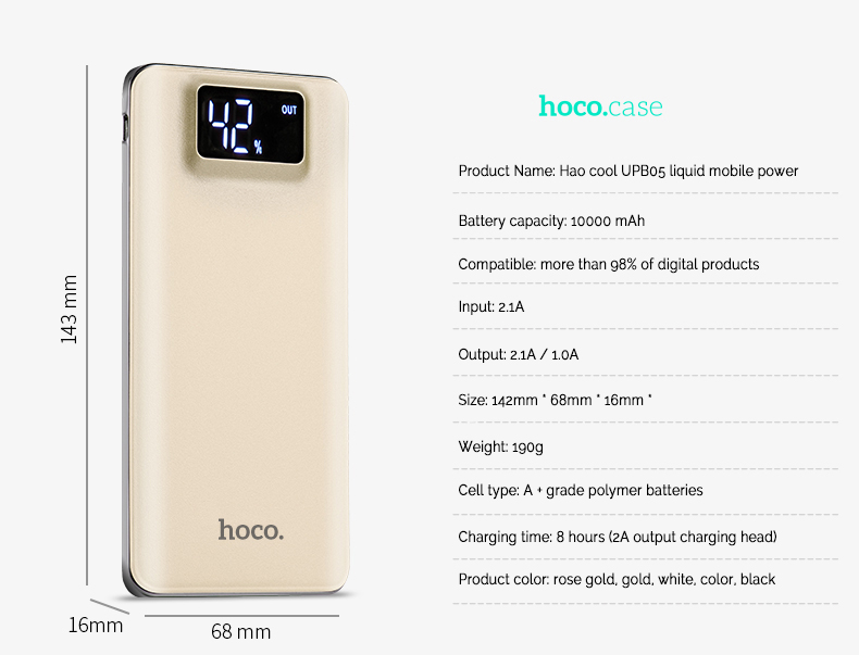 HOCO UPB05 10000mAh Dual USB Power Bank Portable LED Electric Torch with LCD Screen