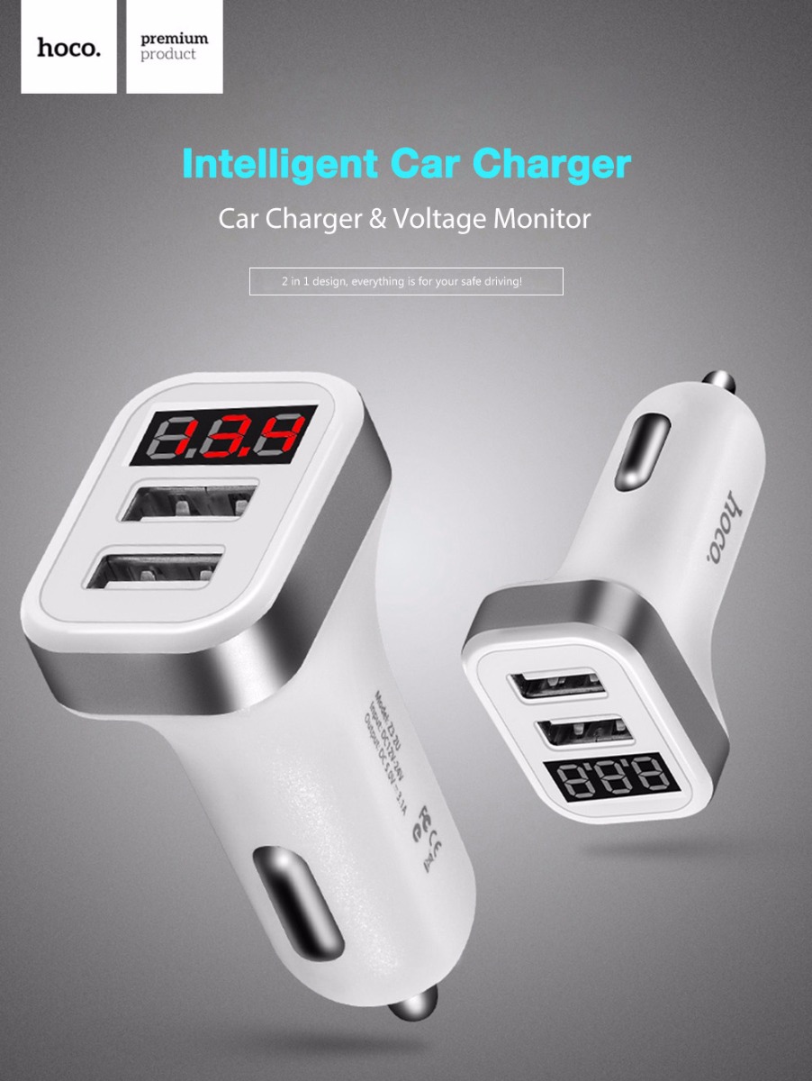 HOCO Z3 Dual USB Port Car Charger Digital Display Charging Adapter