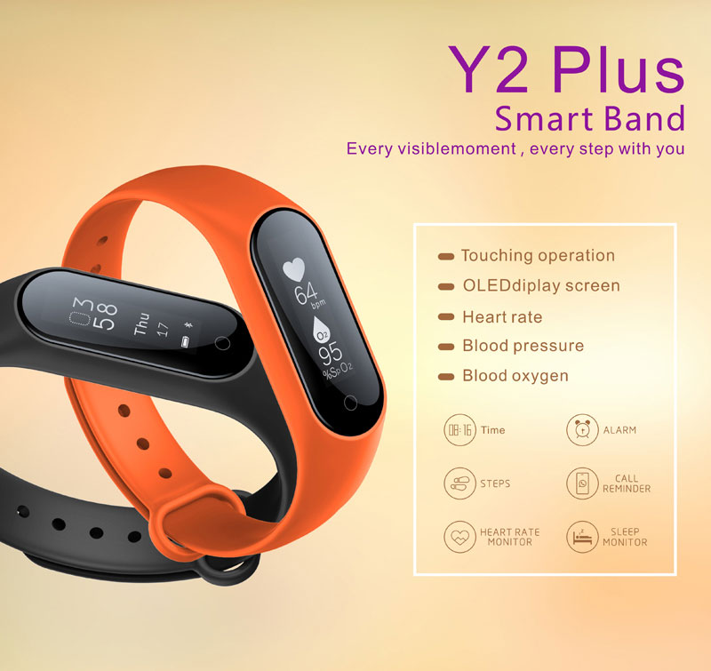 Y2 Plus Bluetooth Smart Bracelet Waterproof Blood Pressure Heart Rate Monitor