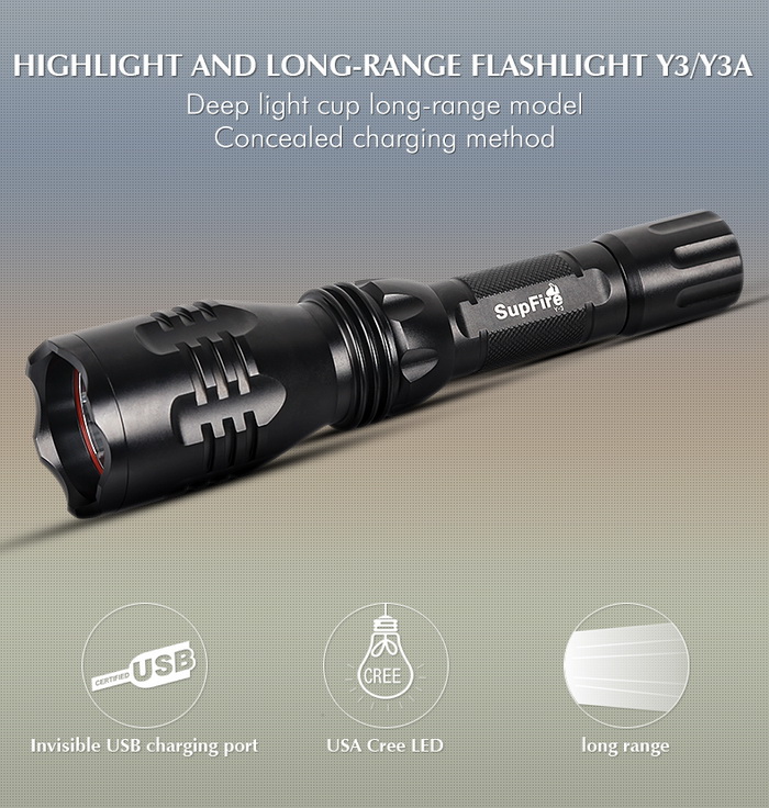 SupFire Y3/Y3A Rechargeable Waterproof 5 Modes Lumens LED Flashlight