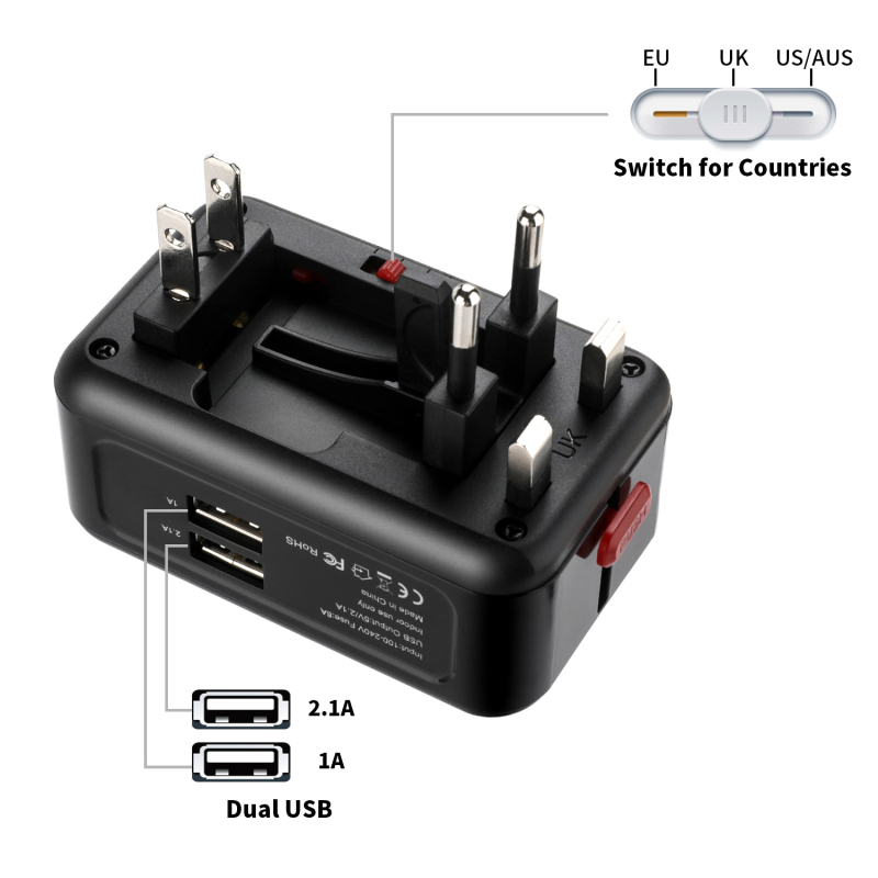 SeenDa Universal Travel Power Plug 2 USB Ports 5 V 2.1A