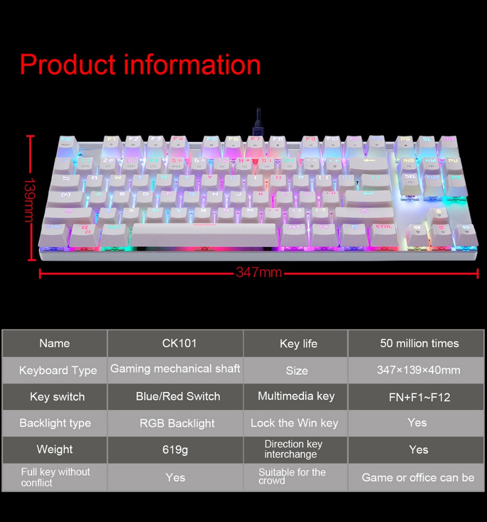 Original Motospeed CK101 Wired Mechanical Gaming Keyboard RGB Ergonomic Light 87 Anti-ghosting Keys 