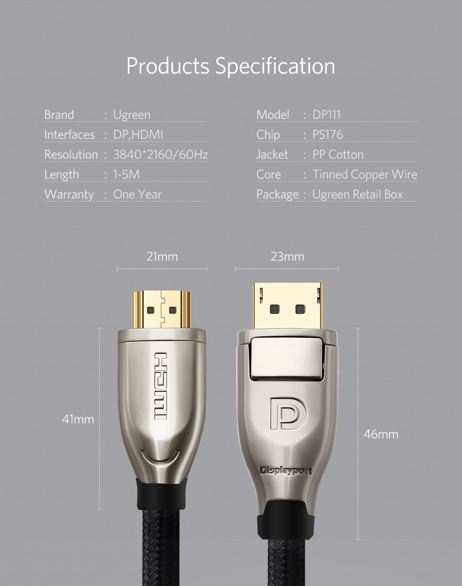 Ugreen DP111 Ultra 4K DP to HDMI 2.0 Cable 
