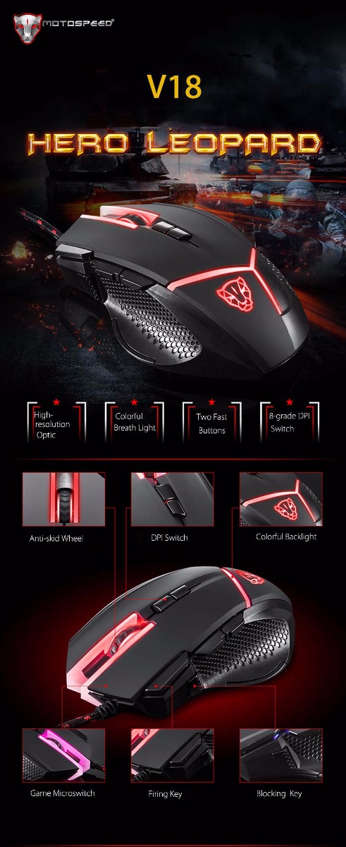 Motospeed V18 Gaming Wired Mouse 4000 DPI High Precision Optical 9 Keys LED Breathing Lamp 