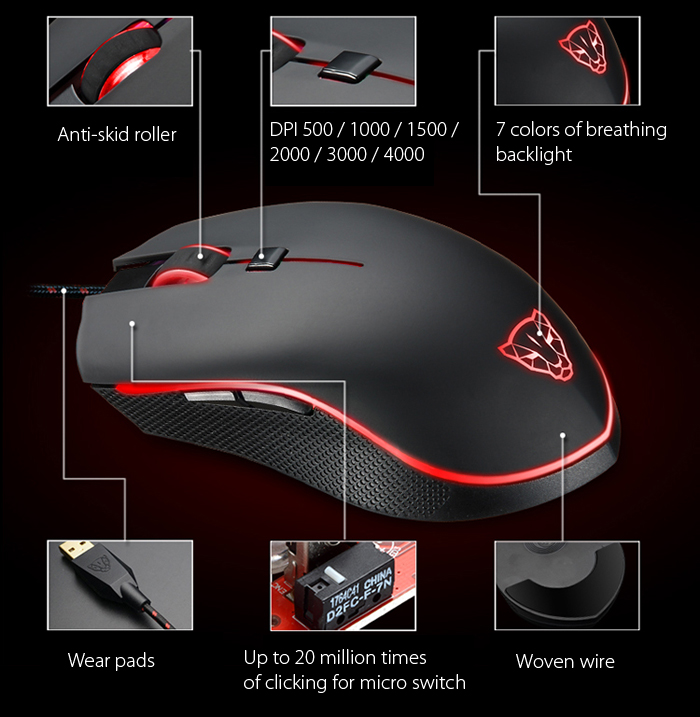New Motospeed V40 Wired Gaming Mouse for Gamer 4000 DPI 6 Buttons LED Breathe 